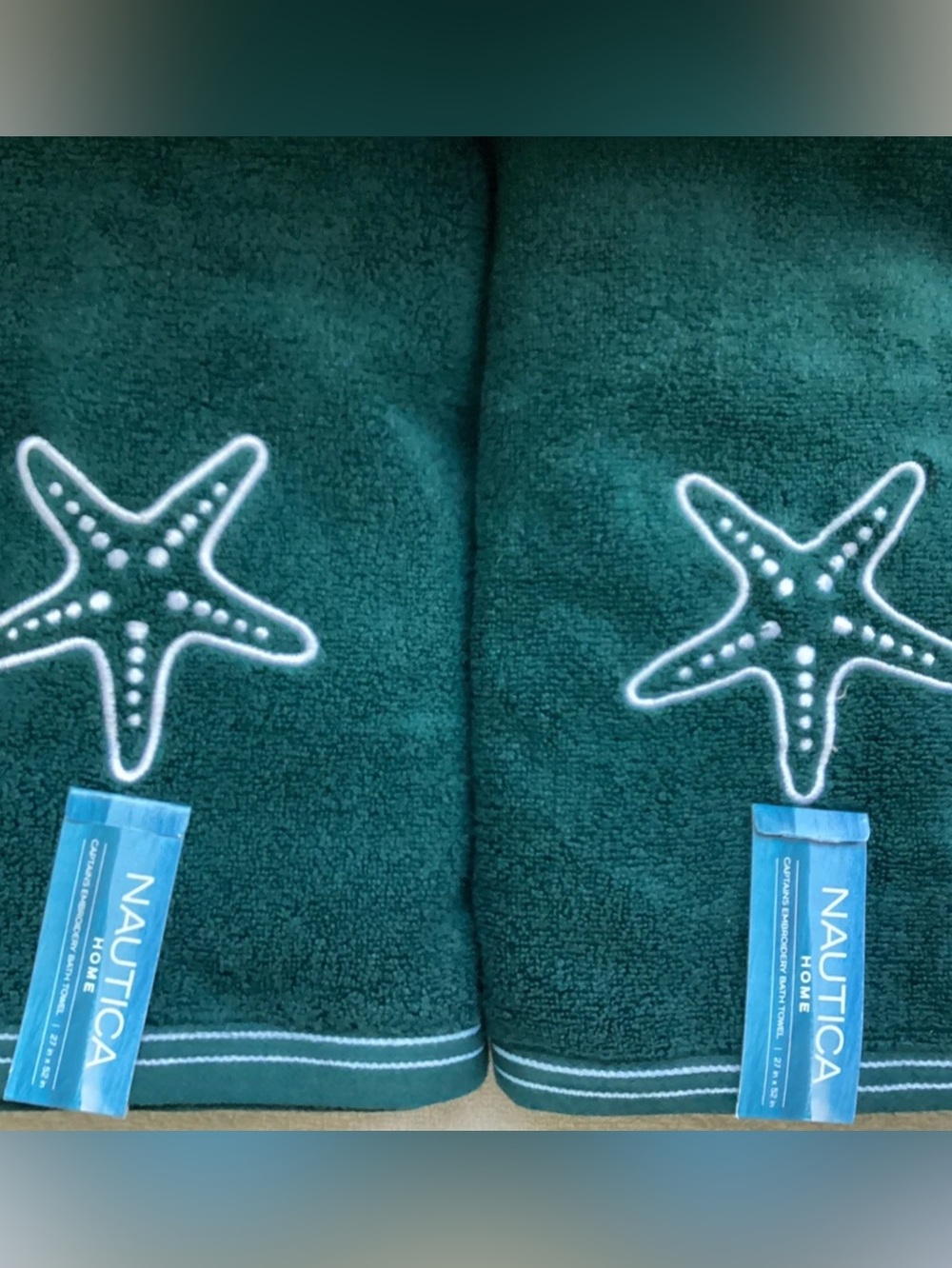 Nautica Captains Embroidered Starfish Teal Green Bath Towels Set of 2 NWT